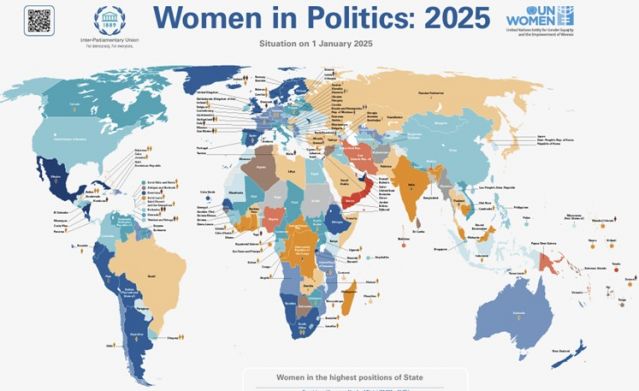 The darker the blue, the higher the ratio of women in political leadership. The darkest orange represents the lowest ratio.