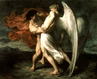 'Jacob Wrestling with the Angel'. Oil on canvas by Alexander Louis Leloir, 1865/Wikimedia Commons