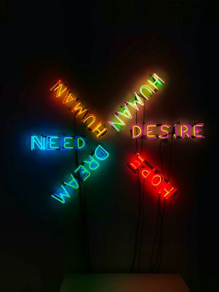 Colorful neon signs reading need, desire, dream and love