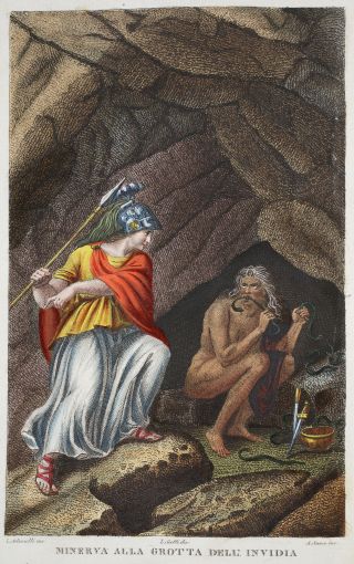 Minerva visits the goddess Envy, here seen eating poisonous snakes and living in filth, by Luigi Ademollo, 1832. Private Collection. Illustration from Ovid's Metamorphoses.