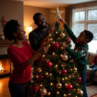 Happy family decorating a Christmas tree