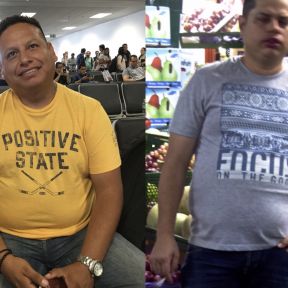 The second shirt says “Focus on the Good.” Photos taken with permission in Peru and Colombia.