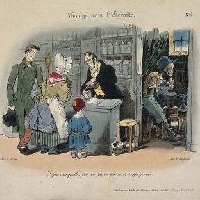 J Grandville: Voyage to eternity. A couple buy some narcotics from an apothecary whose assistant, Death, works with a pestle and mortar in the back room.