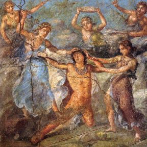 King Pentheus torn apart by Maenads in a Bacchic frenzy. Roman wall painting from the House of the Vettii, Pompeii. The Dionysian rite of sparagmos involved dismembering a living animal or even a human being. The flesh was then eaten raw, while still warm and dripping with blood. Pentheus, like Pythagoras and Empedocles, had refused to embrace Dionysus.