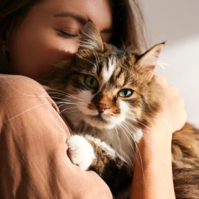 Young woman cuddling a cat.