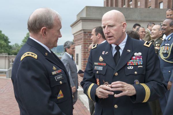 Maj. Gen. Gregg Martin speaks with Chairman of the Joint Chiefs of Staff Gen. Martin Dempsey in June 2014