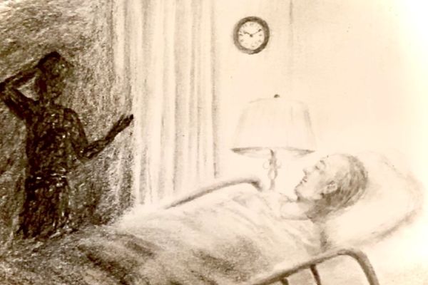 In her sketch, the artist Holly Myrick portrays a sense of peace and "lightness" in a dying patient as as counterpoint to the darker, more tumultuous side of the struggle some family members 