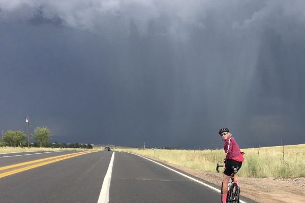 The author riding into the storm.
