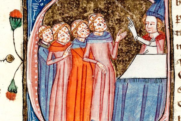 A 14th Century Bishop in England instructing religious clerics portrayed as having leprosy